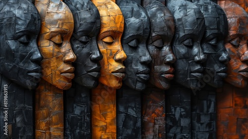 A row of black and orange faces lined up against a wall, AI photo
