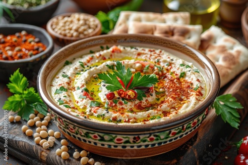 A bowl filled with hummus and various other food items placed on a table