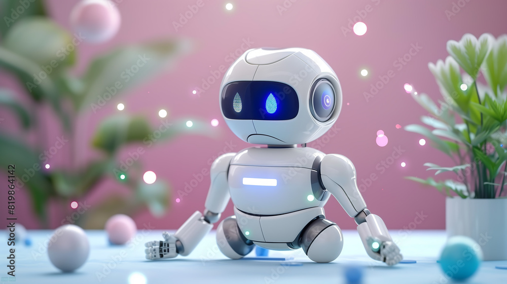 white robot with expressive LED eyes, set against a soft pink background with playful elements like floating bubbles and potted plants, advanced technology white robot with expressive LED eyes, set against a soft pink background with playful elements like floating bubbles and potted plants, advanced technology