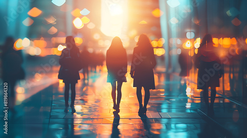 A blurred, colourful cityscape with silhouettes of people walking. The vibrant lights and bokeh effect create a sense of movement and energy, representing the hustle and bustle of urban life. photo
