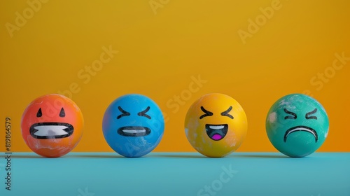Colorful balls with hand-drawn faces lined up in a row, each expressing a different emotion