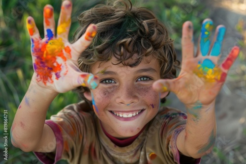 A young boy with his hands painted in bright colors, perfect for arts and crafts projects