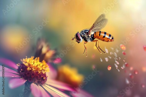 A bee pollinates a flower. The bee is covered in pollen. The flower is pink and yellow.