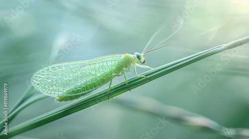 A delicate green lacewing perched on a blade of grass, its wings shimmering in the sunlight photo