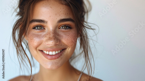 Smiling young woman with a natural expression, showcasing her beauty and wellness