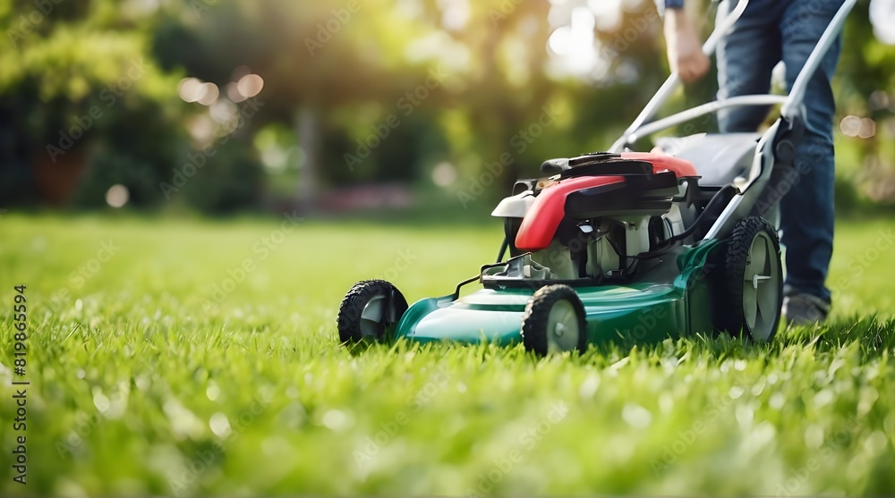 The gardener mows the lawn. Background with selective focus. generative.ai The gardener mows the lawn. Background with selective focus. generative.ai