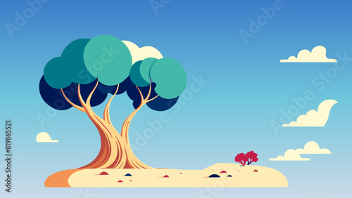 Cartoon of a tree on a desert land with a sky background and clouds in the background,  red bush on the ground, colorful flat surreal design, environmental art