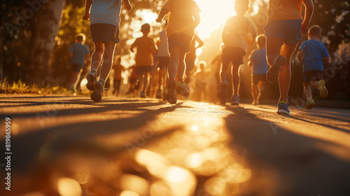  In a bustling cityscape, children, young athletes, take part in a kids' run race, their feet pounding the pavement with determination and zeal.