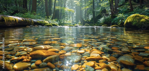 A serene forest river with clear water and colorful stones. Sunlight filters through the trees  creating a peaceful natural scene.