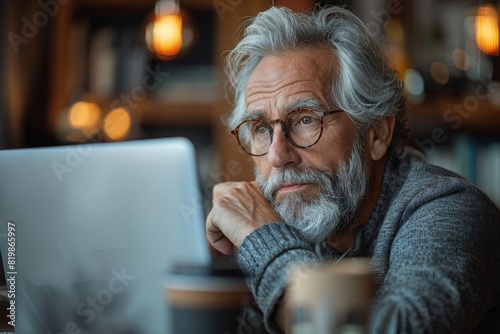 An elder man with gray hair and beard appears contemplative as he looks away from his laptop in a cozy setting