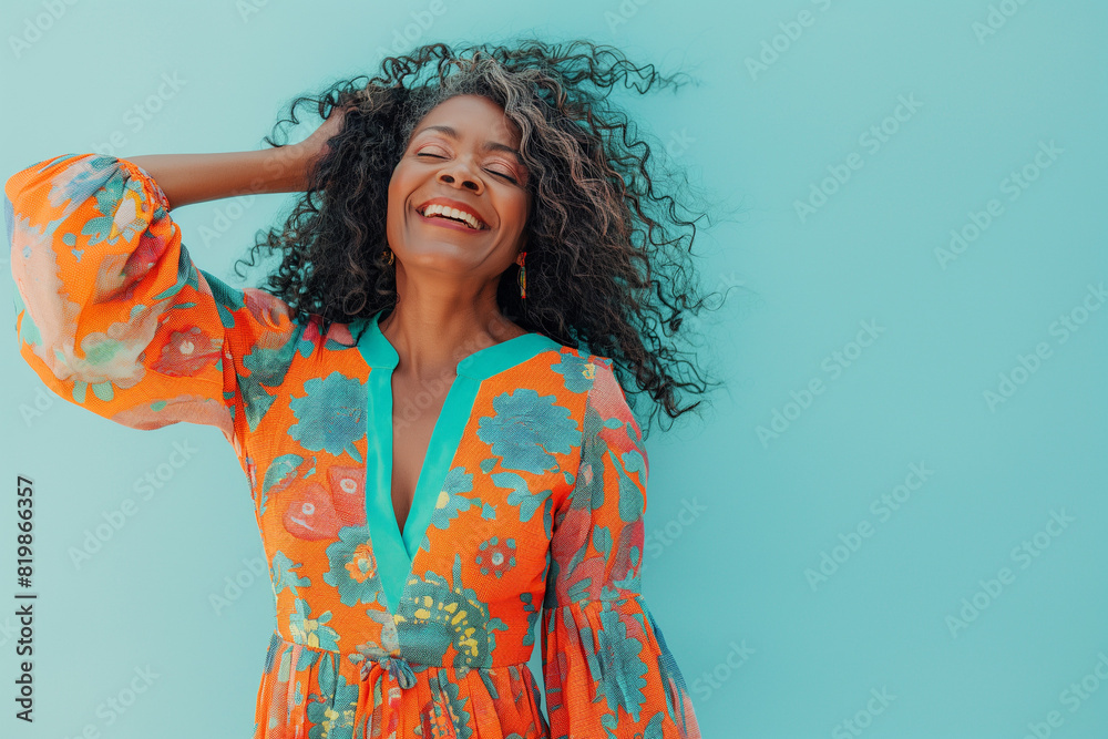 Senior woman smiling confidently, wearing a vibrant floral dress, capturing a moment of joy and positivity with her natural charm and elegance against a cheerful turquoise backdrop Senior woman smiling confidently, wearing a vibrant floral dress, capturing a moment of joy and positivity with her natural charm and elegance against a cheerful turquoise backdrop