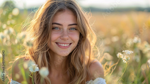 Smiling young woman with a natural expression  showcasing her beauty and wellness