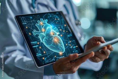 Cardiologist doctor examine heart functions and check up report electronic medical record of patient on tablet Digital healthcare and network connection on interface, Science Medical technology photo