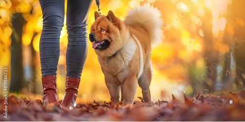 Chow Chow dog eagerly awaits walk gazing at owner with anticipation. Concept Dog behavior, Pet care, Relationship with pets photo