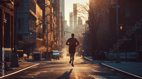  In the early morning light, a man sets out on a brisk run through the urban streets, his determined stride carrying him swiftly along the pavement.