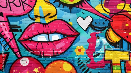 A colorful mural of a woman s face with a pink lip and a heart on it