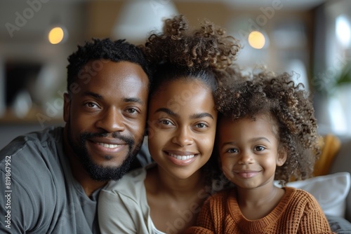 Happy family portrait of a man, woman, and young child sitting together, looking at the camera © familymedia