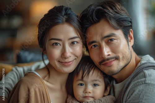 Asian family with a toddler, parents smiling warmly at the camera in a home environment