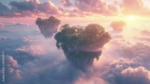 Serene fantasy landscape of floating islands above the clouds at sunset. © ladaz