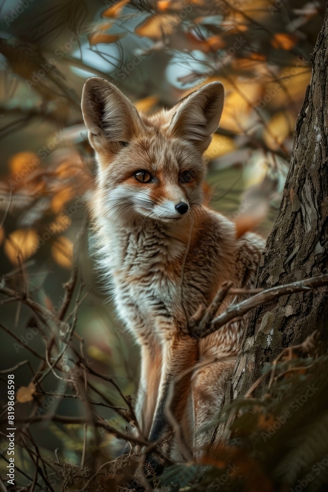 Obraz premium Close up of a fox in a tree, perfect for nature themes