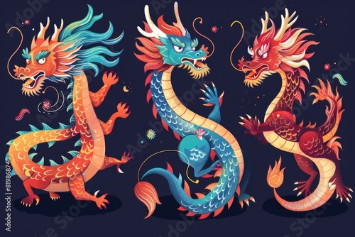 Three colorful Chinese dragon illustrations on a dark background. Can be used for cultural events or Asian-themed designs