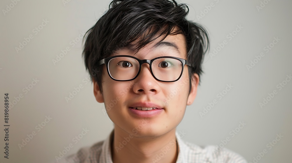 Cheerful Asian Man in Casual Work Attire Pulling a Funny Expression - Real Photo of Office Humor and Diversity