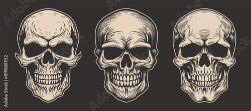 Set of vintage retro scary hipster skull. Can be used like emblem, logo, badge, label. mark, poster or print. Monochrome Graphic Art. Vector. Hand drawn element in engraving	

