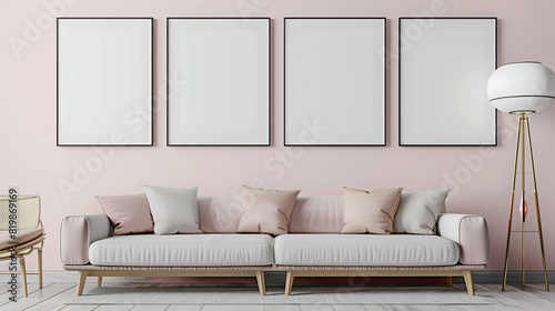 Four blank horizontal poster frames in a Scandinavian style living room interior with a pastel pink theme. Frames are staggered above a modern sofa and beside a floor lamp. photo
