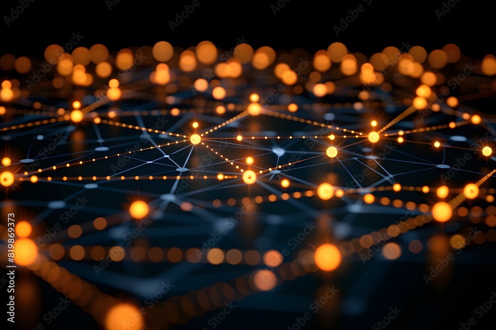 Abstract Glowing Network of Orange Nodes Interconnected by Blue Lines - Futuristic Technology Concept for Digital Innovation and Connectivity Abstract Glowing Network of Orange Nodes Interconnected by Blue Lines - Futuristic Technology Concept for Digital Innovation and Connectivity
