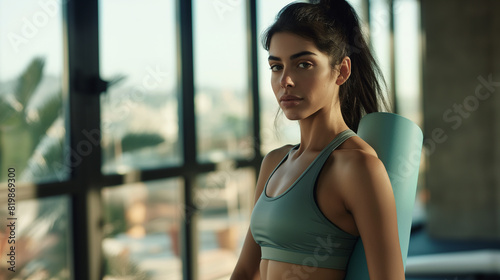 In a contemporary gym, a beautiful Latin American woman stands with a yoga mat, confidently ready for her class, her vibrant athletic wear contrasting with the sleek surroundings. Free Download In a contemporary gym, a beautiful Latin American woman stands with a yoga mat, confidently ready for her class, her vibrant athletic wear contrasting with the sleek surroundings. - GFXLoad