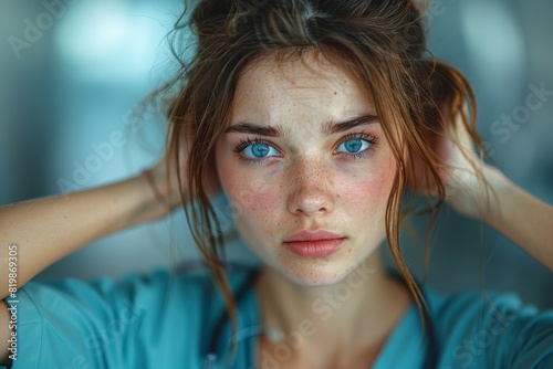 Portrayed in soft lighting, the image captures a serene woman's clear blue eyes and freckled skin