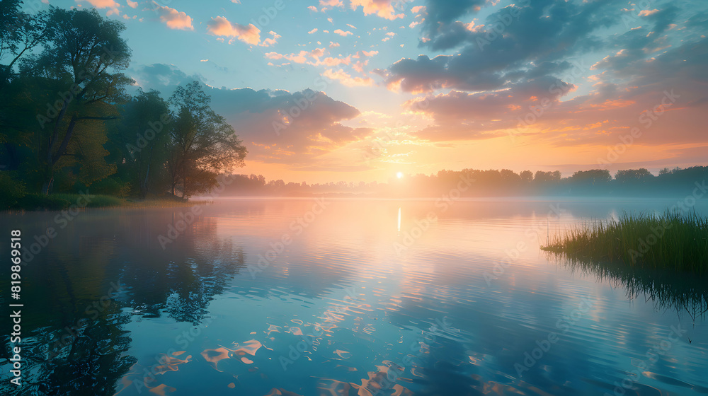 Tranquil Sunrise: A serene lake at the break of dawn, embodying peace, tranquility, and positive energy photo realistic concept perfect for stock photography Tranquil Sunrise: A serene lake at the break of dawn, embodying peace, tranquility, and positive energy photo realistic concept perfect for stock photography