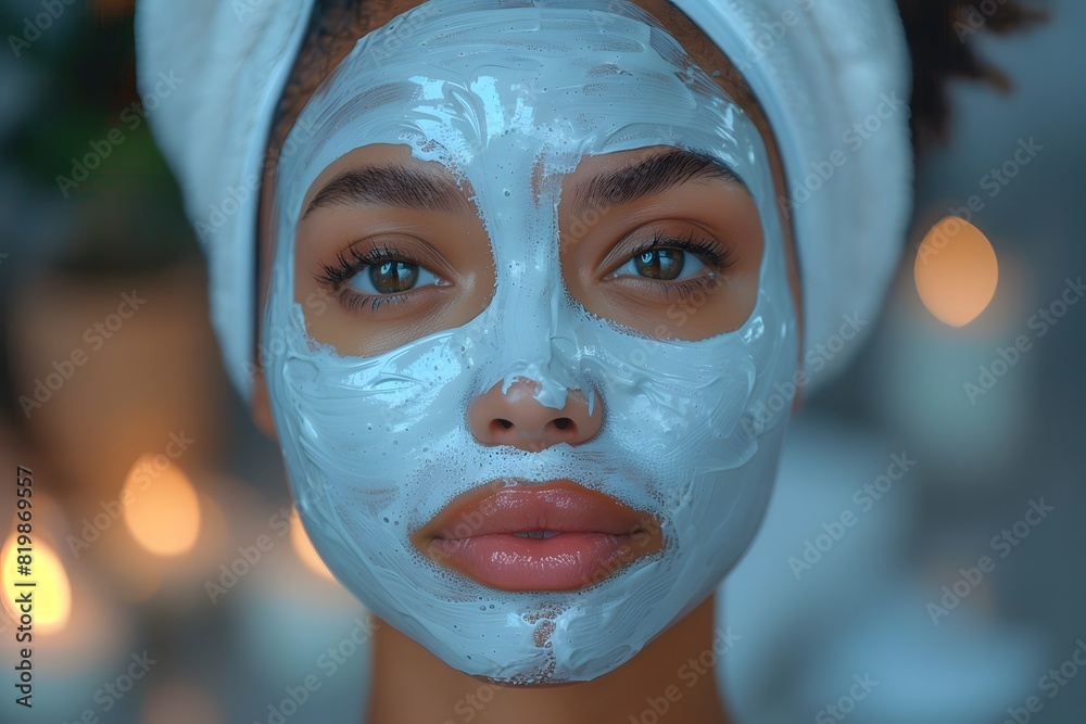 Close-Up Portrait of Woman with Facial Mask in Relaxing Spa Environment - Skincare Self-Care Concept for Beauty and Wellness Close-Up Portrait of Woman with Facial Mask in Relaxing Spa Environment - Skincare Self-Care Concept for Beauty and Wellness