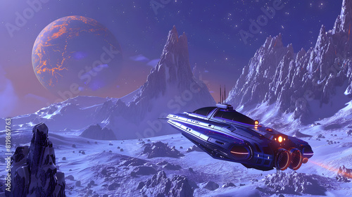 A blue spaceship is flying through the sky above a snowy mountain range