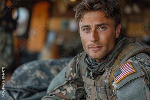 Thoughtful American soldier in uniform with focused expression and an American flag patch