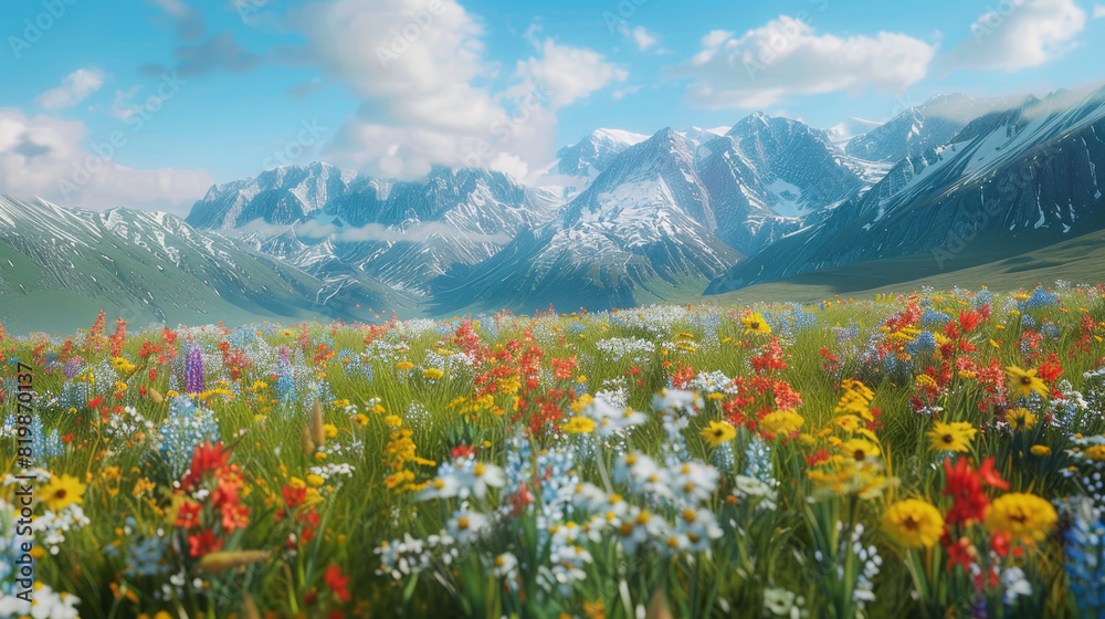 Vibrant wildflowers in a meadow with snow-capped mountains in the background.