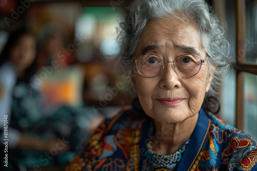 A poised and dignified senior woman gazes thoughtfully at the camera wearing glasses and traditional attire