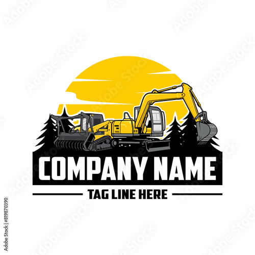  Skid steer loader, mulching machine illustration, Land Clearing Mulcher vector art, excavator company  logo vector image