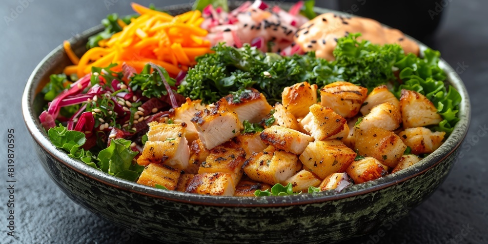 A nutritious lunch bowl featuring fresh vegetables, tofu, and sesame seeds, inspired by Asian cuisine. A nutritious lunch bowl featuring fresh vegetables, tofu, and sesame seeds, inspired by Asian cuisine.