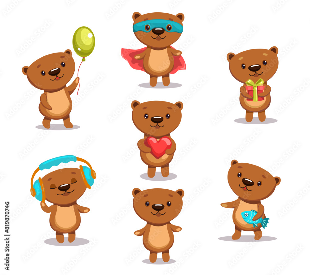 Fototapeta premium A set of brownr bear babyes. Cute children's vector illustration.