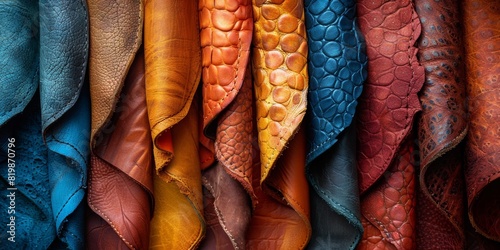 A diverse selection of leather swatches, showcasing various textures and colors for fashion and interior design. photo