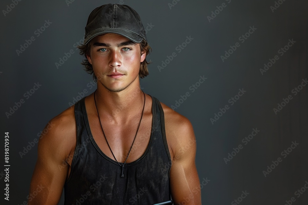 A muscular fitness model with a confident gaze, showcasing strength in a white studio. A muscular fitness model with a confident gaze, showcasing strength in a white studio.