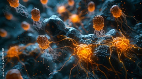 A group of cells that are glowing orange and yellow, AI #819870941