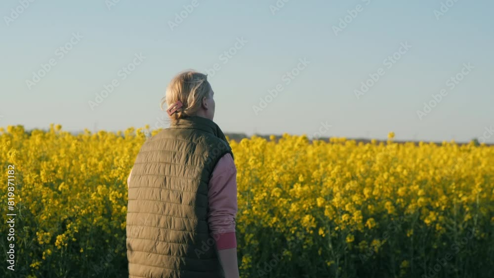 A woman farmer walks along a picturesque blooming rapeseed field. Rear view A woman farmer walks along a picturesque blooming rapeseed field. Rear view