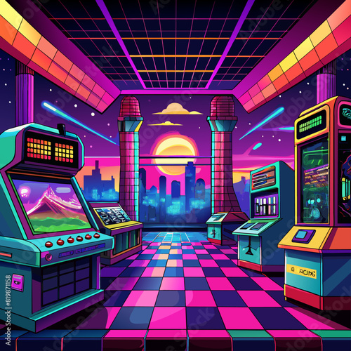 Neon-lit retro arcade game backgrounds with vibrant pixel art for gaming or nostalgia themes.1 © Asim-Backgrounds