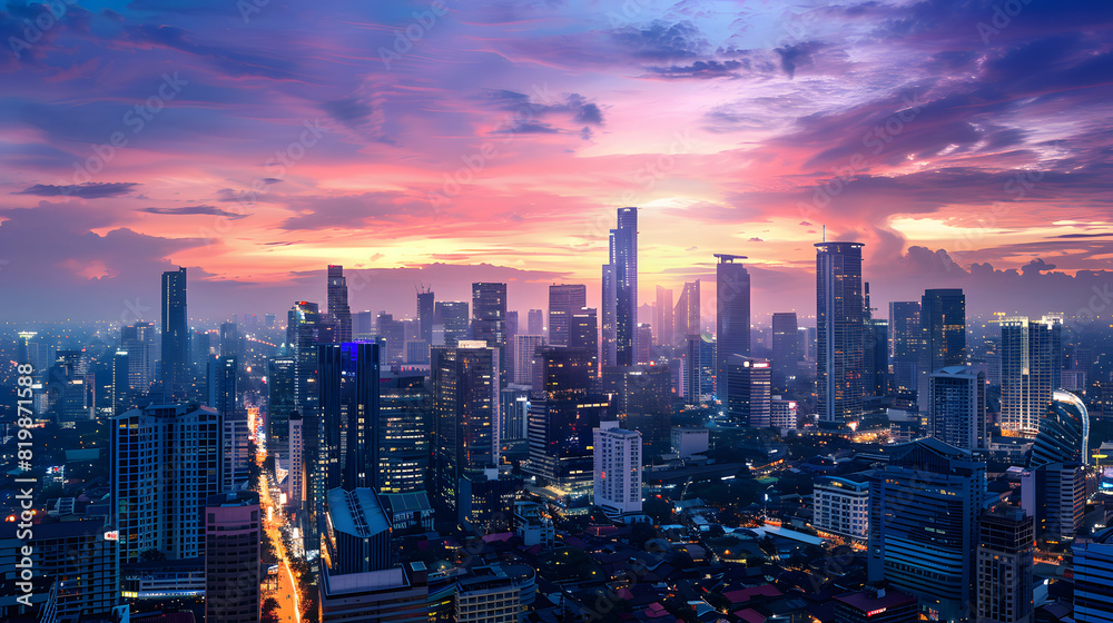 Obraz premium A city skyline at sunset with a purple sky