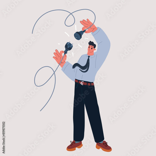 Cartoon vector illustration of Man plugging the smart power plug. Electrical plug in outlet socket at home.