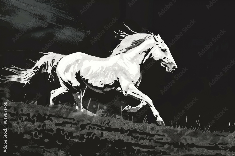 A majestic white horse galloping across a lush green field. Perfect for nature and animal lovers