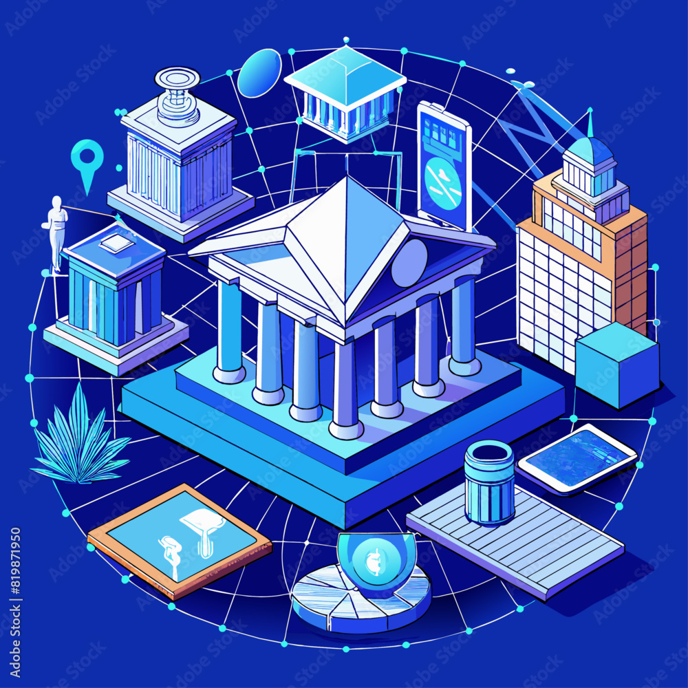 Museum technology and digital curation concept. Low poly wireframe vector illustration on technological blue background.1