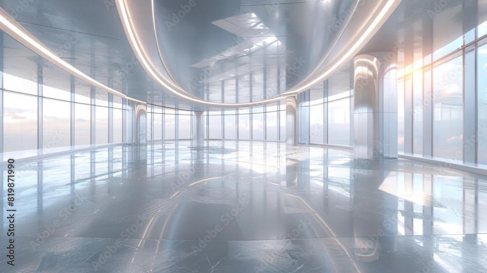 Chic, empty showroom with metallic accents and large windows exuding a futuristic aesthetic. Chic, empty showroom with metallic accents and large windows exuding a futuristic aesthetic.